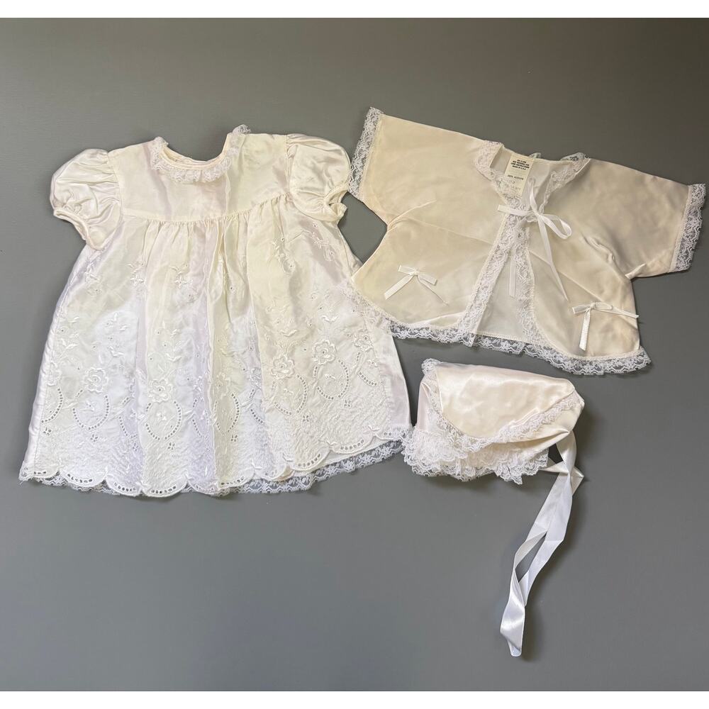 Vintage Ivory Lace Satin Embroidery Christening Gown Dress 3 Piece Set